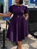 C8601 Women's European & American Round Neck Elegant A-line Dress with Puff Sleeves & Waist-Cinching Hem