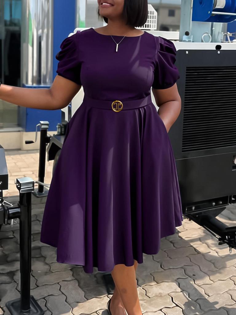 C8601 Women's European & American Round Neck Elegant A-line Dress with Puff Sleeves & Waist-Cinching Hem