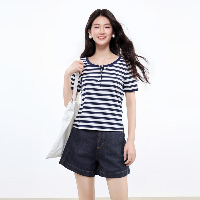 Qiusui Yiren Women's Color-block Striped Knit T-shirt