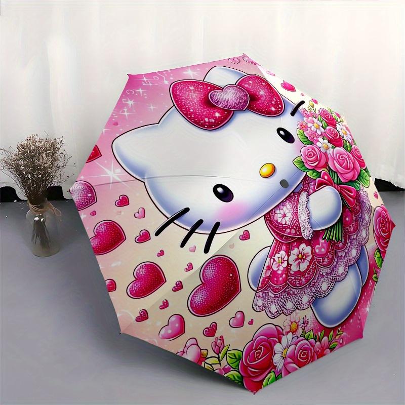 Hello Kitty,Flowers Automatic Folding Umbrella-Simple 8-Rib Design, Bright Cartoon Pattern, Durable Iron Frame, Suitable For Travel, Outdoor
