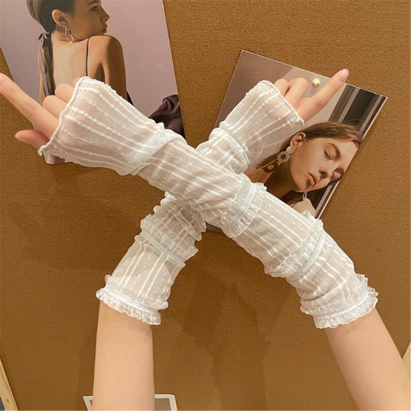 Sunproof Arm Sleeves Holiday Women Girl Arm Cover with Pleated Lace Trim Breathable Arm Cover for Holiday Driving