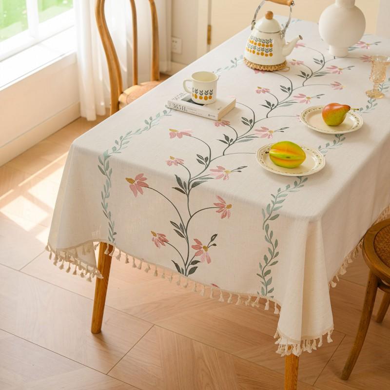 Waterproof Fabric Tablecloth Linen Blend Fresh Nordic Style Embroidered Rectangular Dining Table Coffee Cover