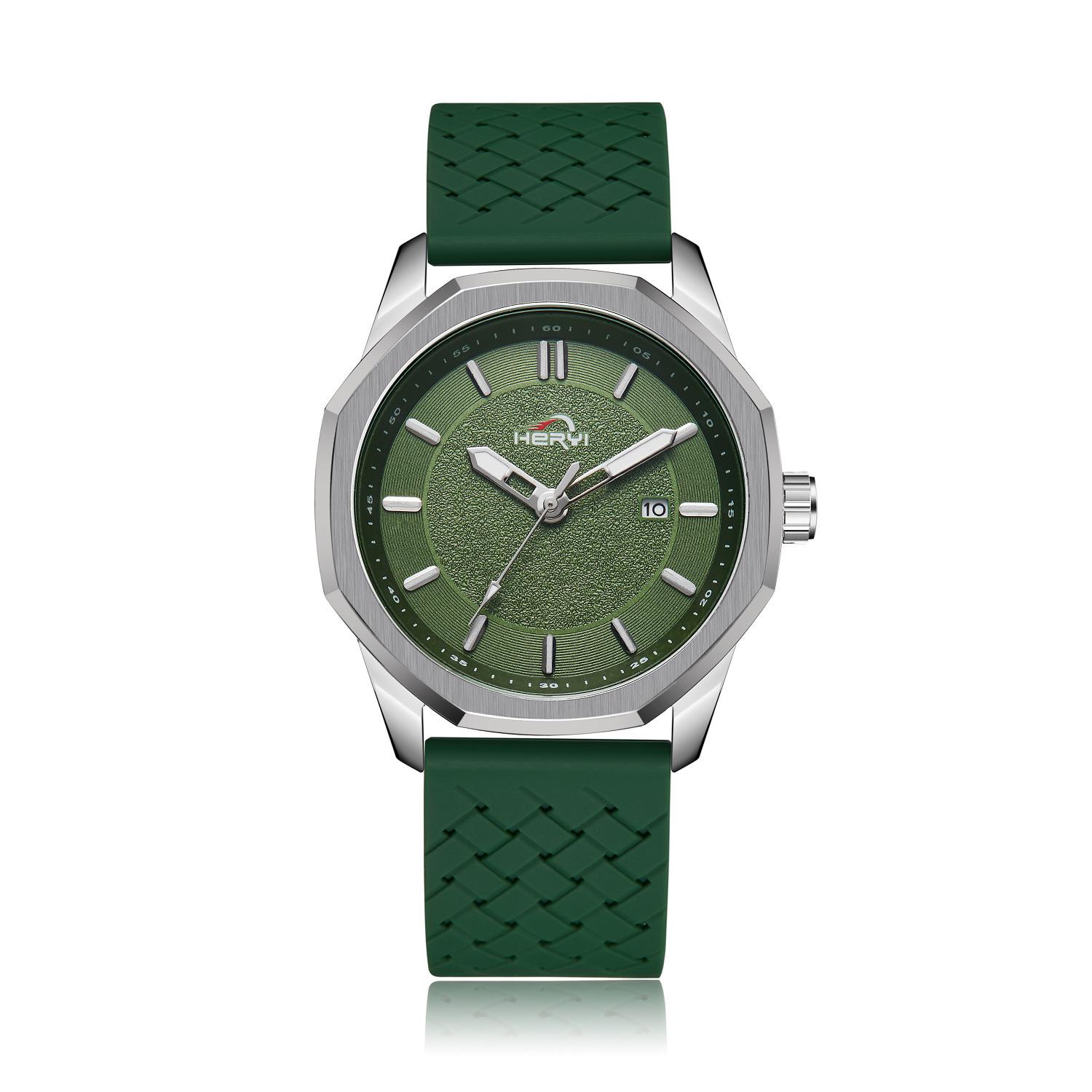 

Business Men S Watch Sport Silicone Date Octagon Square Quartz Watch зелений