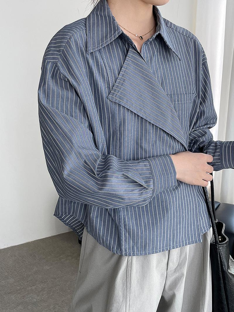 2025 autumn new design striped lapel shirt women s suit collar commuter top 2802 M синий