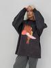 Vintage Print Washed Black Loose-Fit Cotton Long-Sleeve T-Shirt for Women