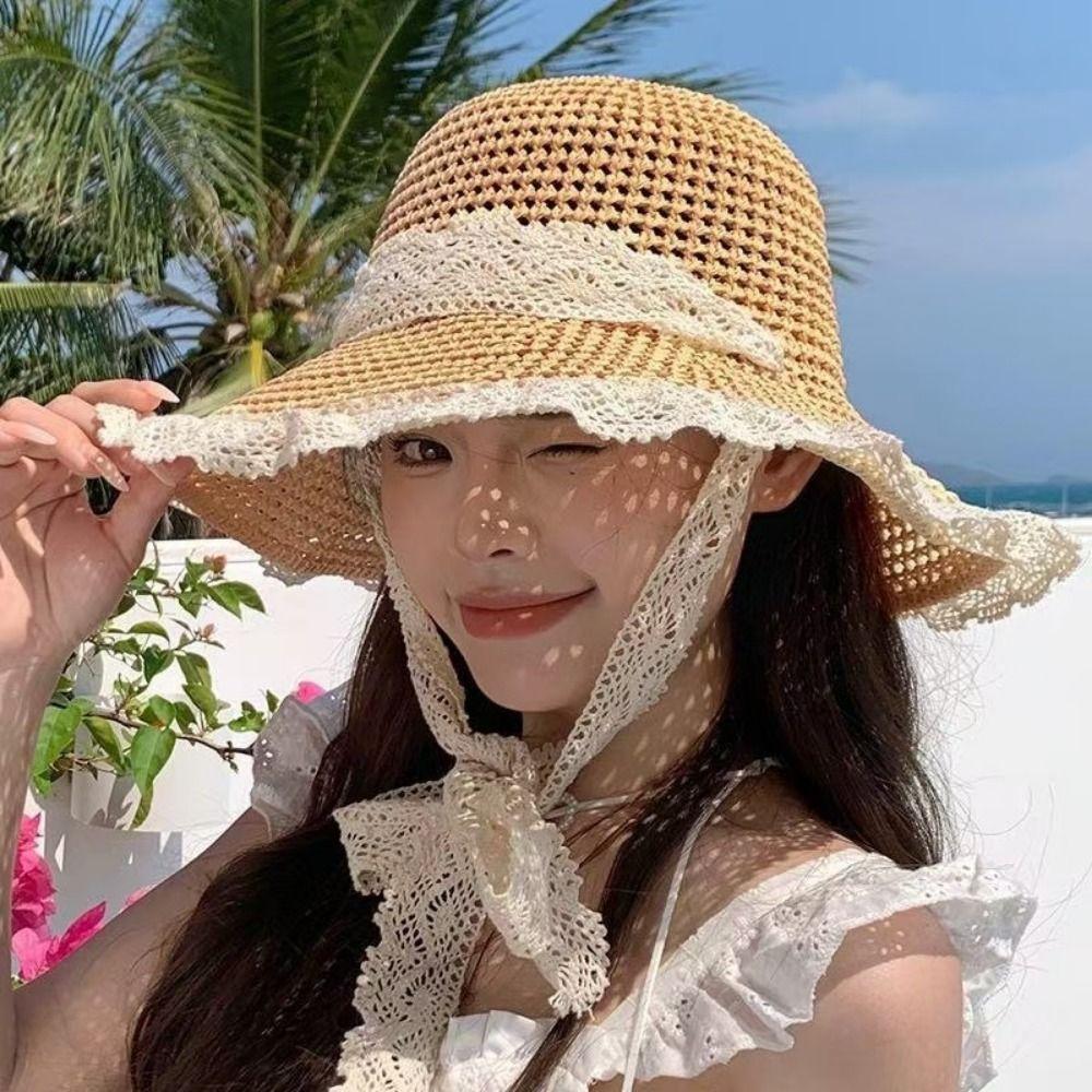 Foldable Lace Brim Sunshade Cap Breathable Sun Protection Cap Handmade Woman's Straw Hat  Outdoor