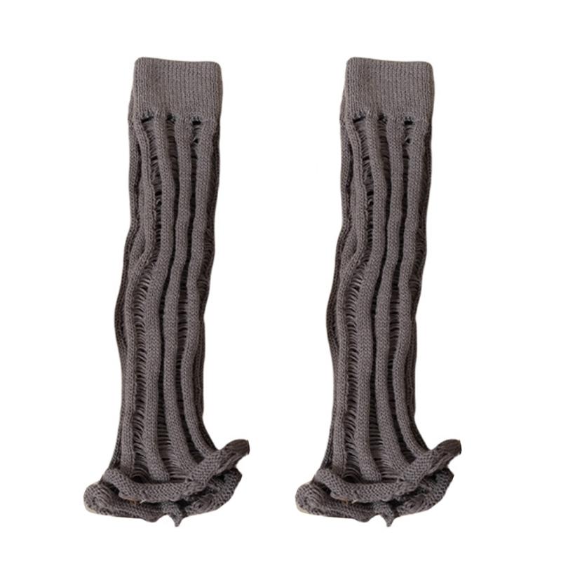 Subcultures Fall Knitted Flared Leg Warmers Harajuku Ripped Hole Solid Color Foot Covers Calf Length Socks for Women