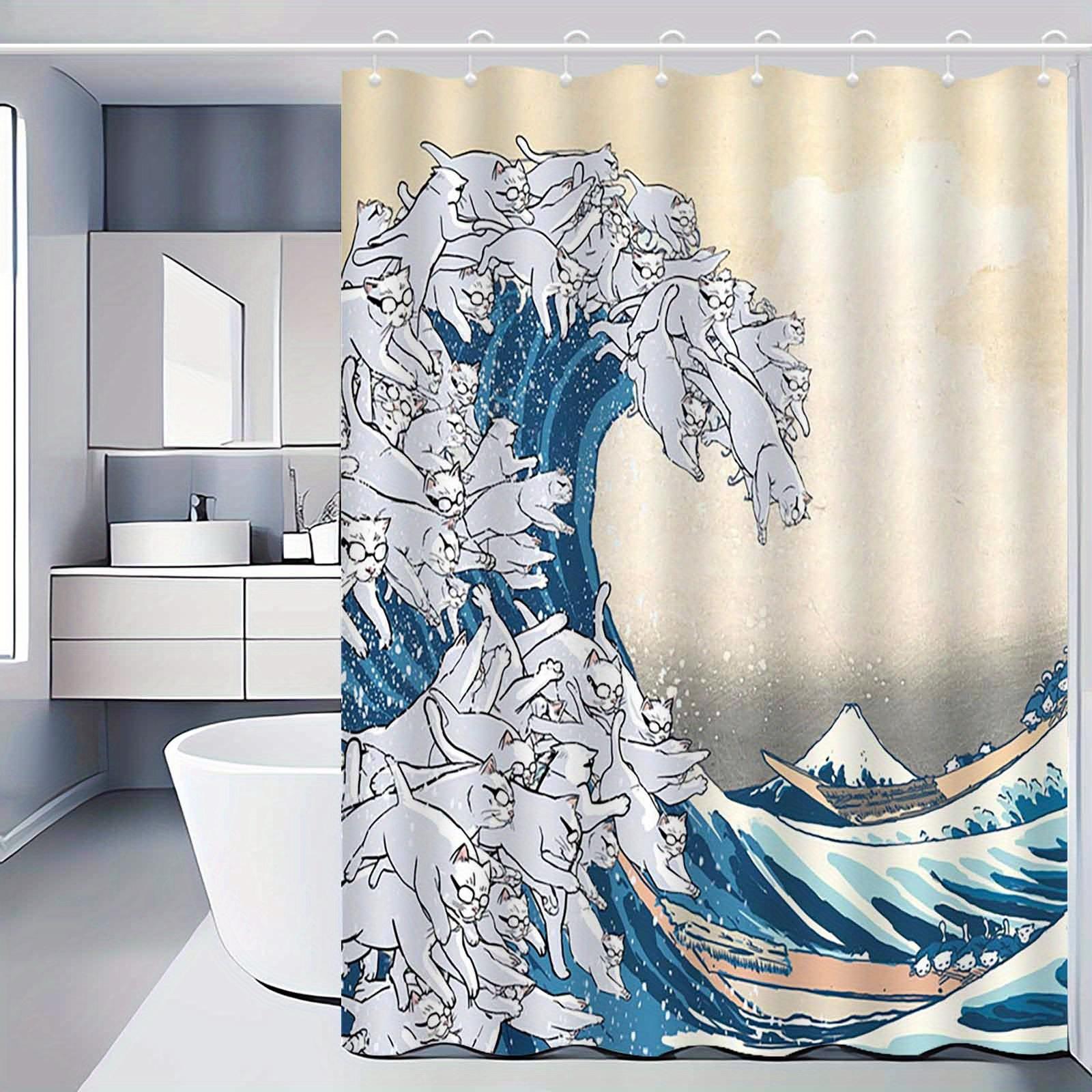 Funny Cat Shower Curtain Great Wave of Cats Japanese Print Art Humorous Animal Decor Waterproof Printed Bath Curtain Home Style 90x180CM