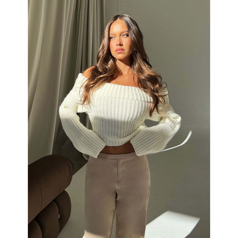 Elegant European and American Women's Clothing Beautiful Stylish Fall and Winter New Arrival off-Shoulder Long Sleeves Tops Sexy Knitting Sweater