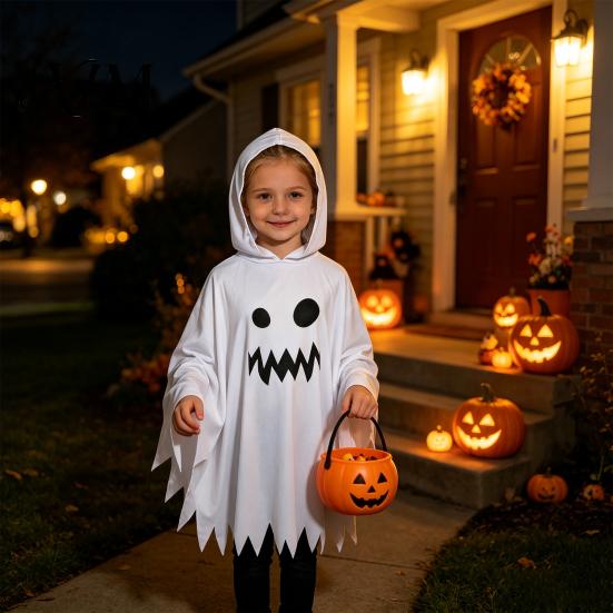 Comfortable Trick Or Treat Gear Halloween Ghost Cloak with Hood, Loose Fit Irregular Hem Costume Family Dress Up for Cosplay Party, White Spooky