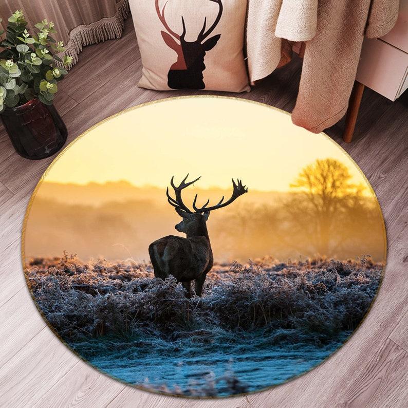 Animal Deer Dusk Forest Print Pattern Circular Carpet Home Living Room Bedroom Bathroom Floor Decoration Carpet