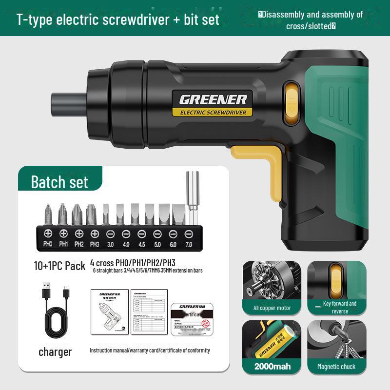 Set șurubelniță electrică reîncărcabilă tip T Green Forest & set de găurit