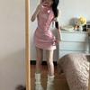ZY pink plaid bow neck dress Spice girl irregular short skirt waist hip skirt