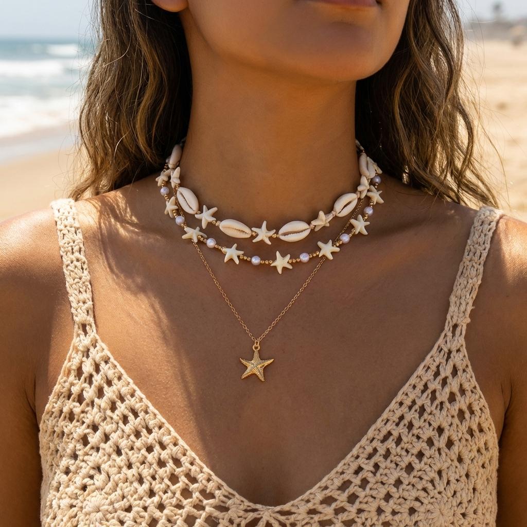 

Vintage Shell Starfish Fishtail Clavicle Chain Necklace For Women Bohemian Rice Beads Choker Summer Beach Vacation Charm Zircon