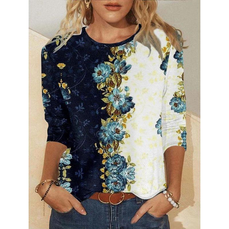T-shirt z nadrukiem kwiatowym, blokowany kolorystycznie, z okrągłym dekoltem, na wiosnę i jesień, casualowy top z długim rękawem do noszenia damskiego, T-shirty