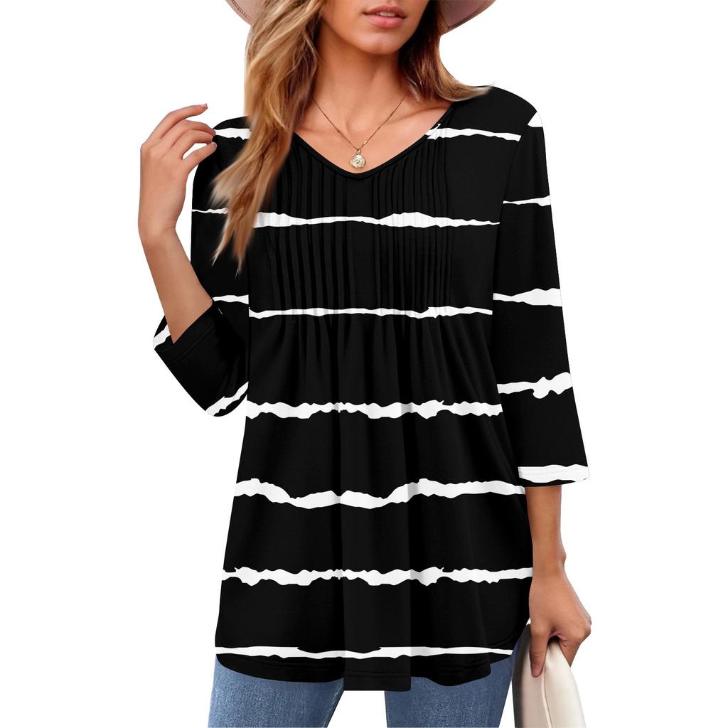 Damen Tops V-Ausschnitt Dreiviertelärmel Gestreift Plissee Casual Sommermode Shirt Tops