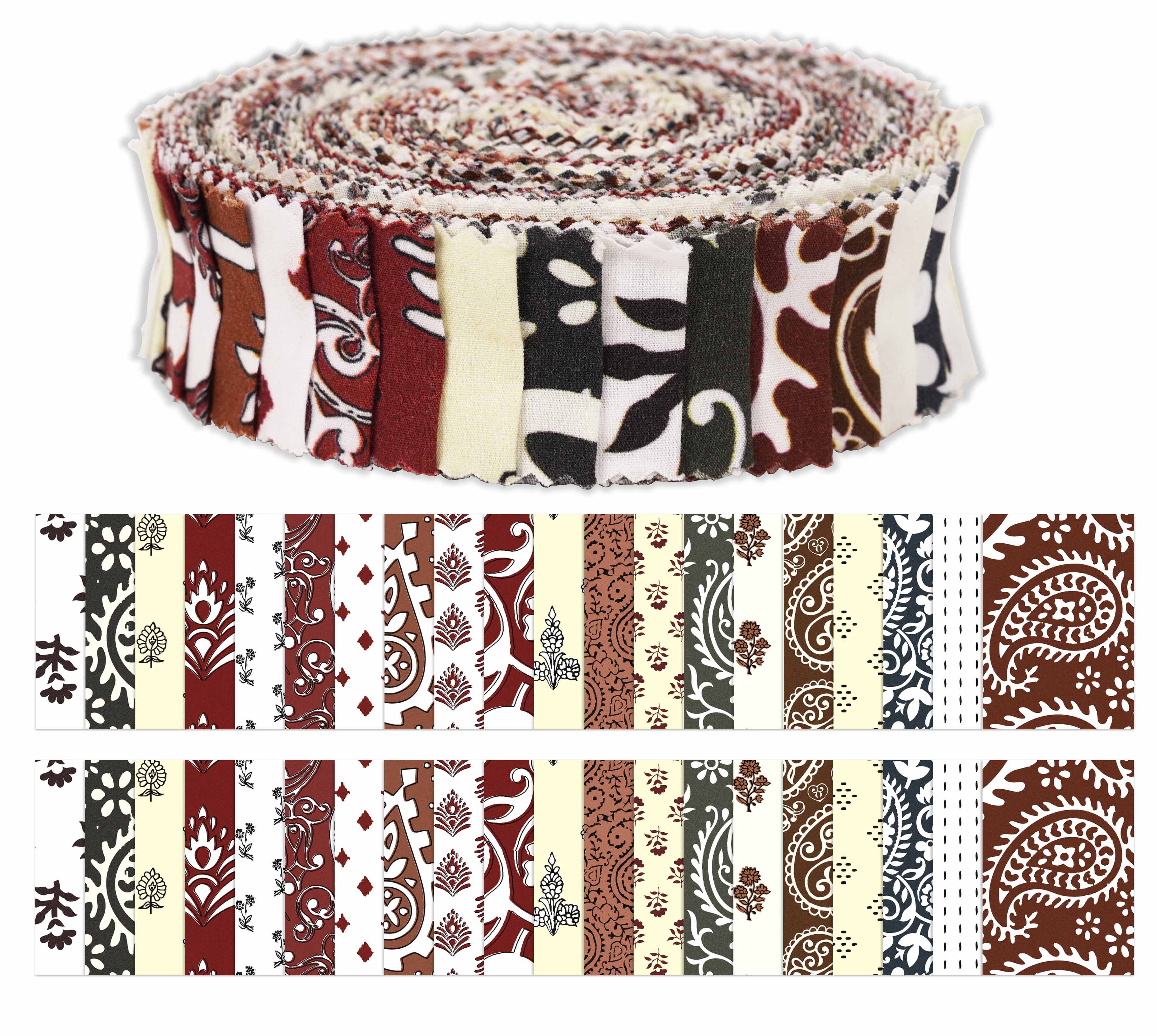 

Soimoi 40Pcs Asian Block Print Cotton Precut Fabrics For Quilting Craft Strips 2.5x42inches Jelly Roll - Maroon, White, Pale Yellow, 1.5x42inches