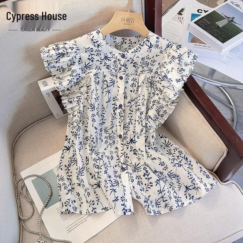 Women s Floral Print Flutter Sleeve Cotton Shirt S
