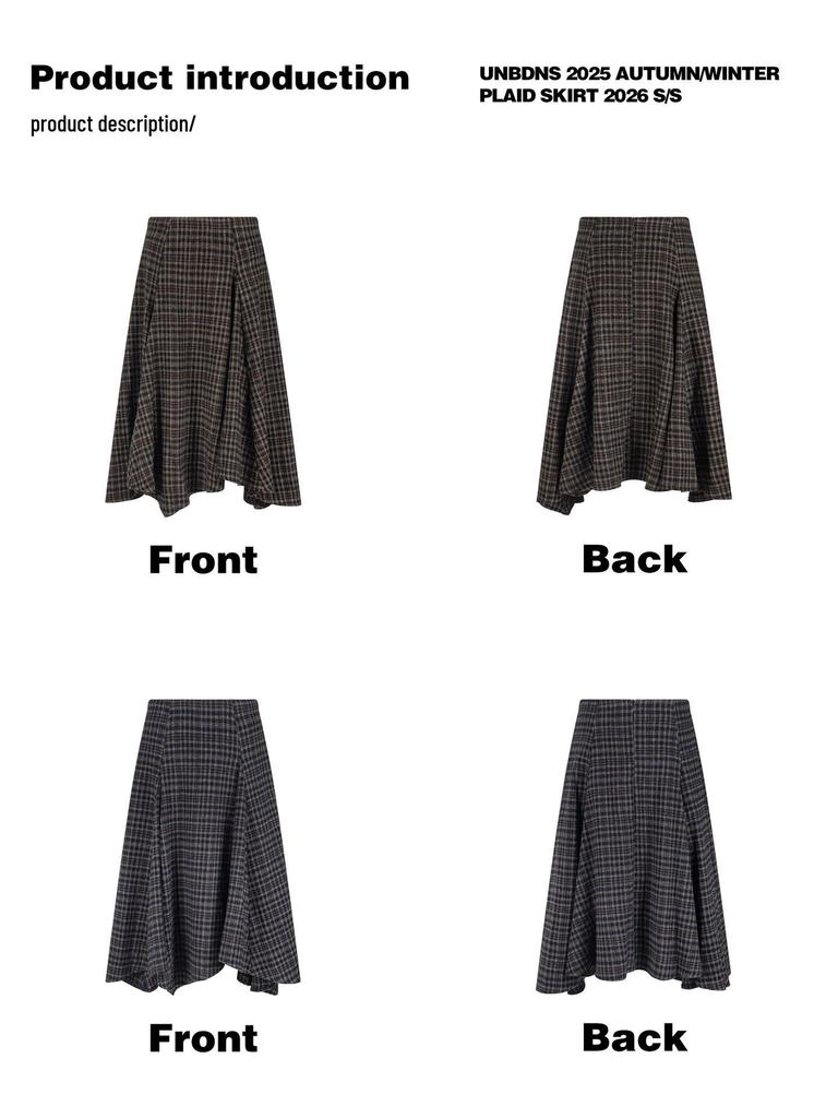 UNBDNS Women's Spring High Waist Irregular Plaid Woolen A-line Umbrella Skirt