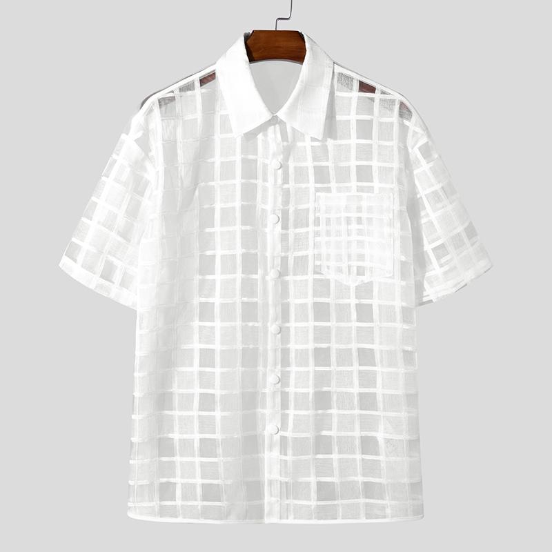 

INCERUN Men Lapel Neck Mesh Sheer Transparent Plaid Tops T-Shirts M