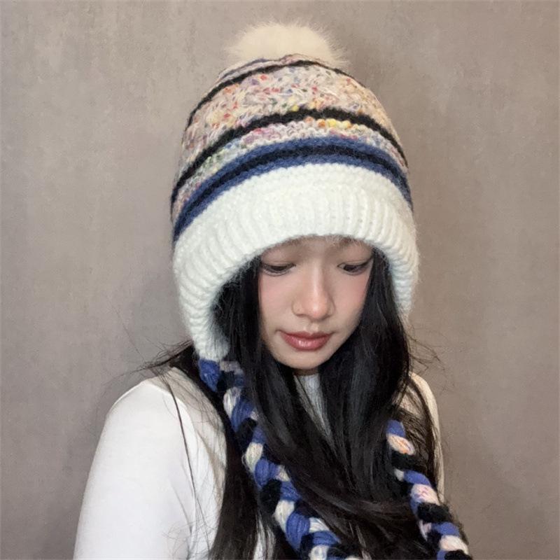 Color Matching Knitted Braided Ear Protection Warm Lei Feng Hat Women's Winter New Big Head Circumference Wool Hat Tide