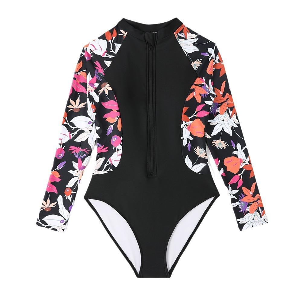 Diving Suit Printed Long Sleeve Sun Protection Slimming Zipper Triangle Women's Swimsuit