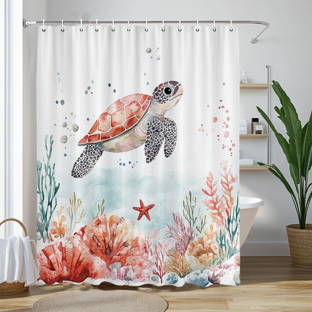 Marineland Sea Turtle Fun Shower Curtain For Beach Theme Bathroom Decorative Shower Curtain, Waterproof Shower Curtain With Hook