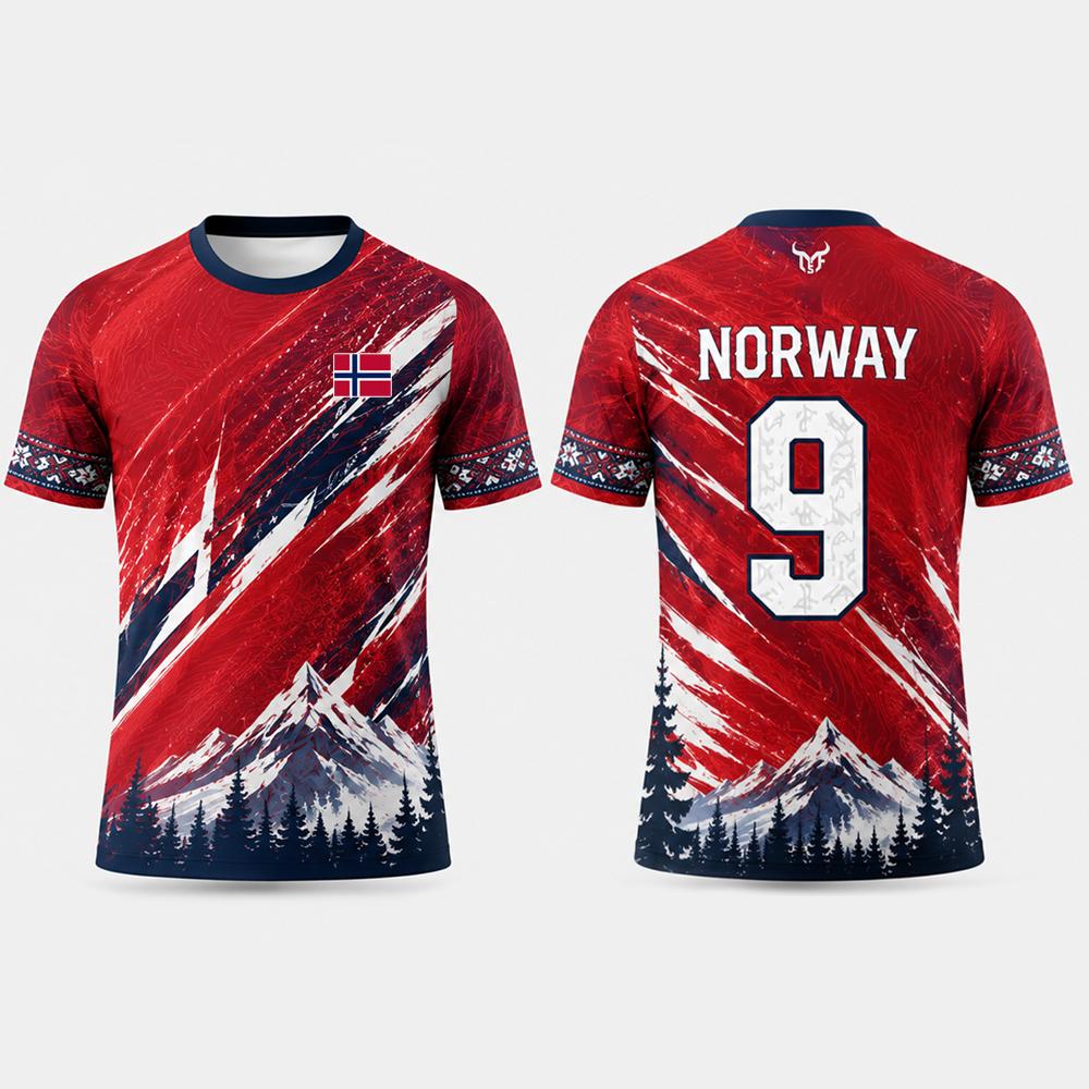 Huiteng13 Nieuw Noorwegen Vlag Print Voetbal T-shirt Sneeuwberg Patroon Ademend Trainingsshirt Unisex Sport Sneldrogend Casual Ronde Hals Top 2XL