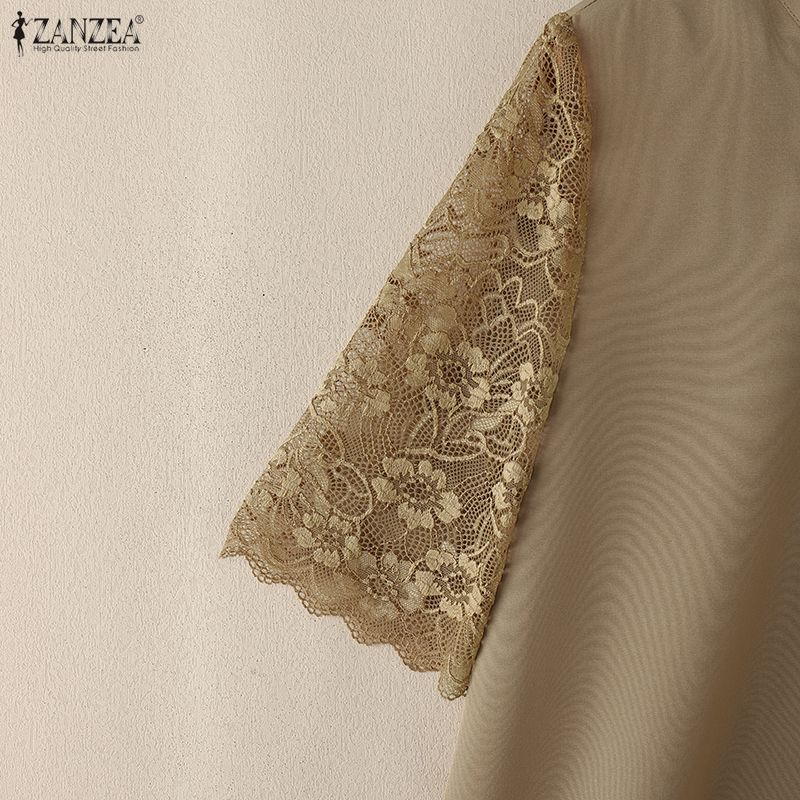 ZANZEA Women Casual Round Neck Lace Splice Short Sleeve Blouse