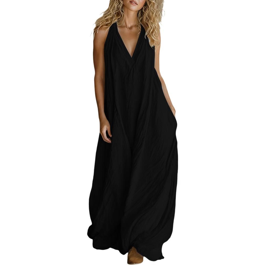 Women’s Casual Sleeveless Loose Fit V Neck Maxi Dress with Pockets Lightweight Solid Relaxed Long Sundress for Daily Wear