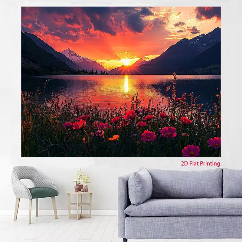 2D Colorful Mountain Sunset Banner, Lake Reflection with Red Floral Foreground