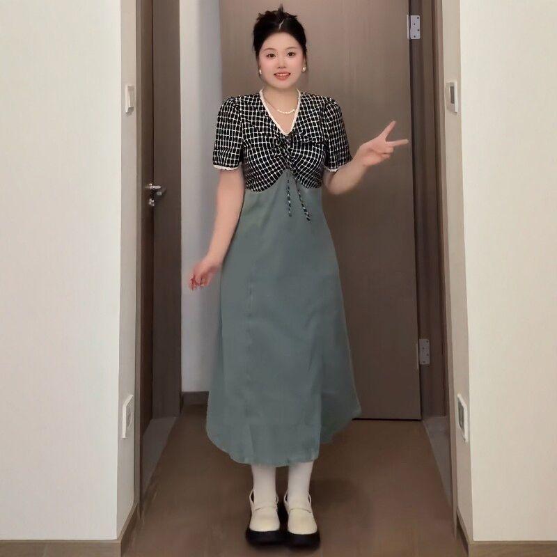 

Plus Size Women s Clothing for Fat Girls, Korean Style V-Neck Fake Two-Piece Plaid Patchwork Denim Dress 2026 Summer Slimming Long Dress Image color 2XL