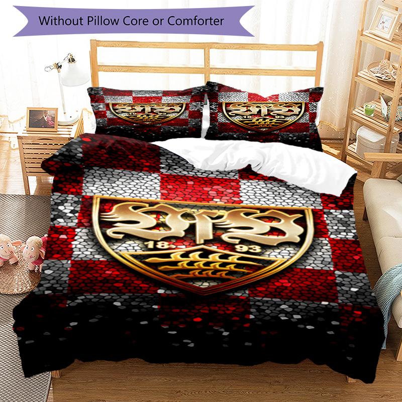 Vfb Fc Crest Printed Pattern Duvet Cover Set – includes 1 duvet cover and 2 matching pillowcases Bedroom decor Christmas gifts
