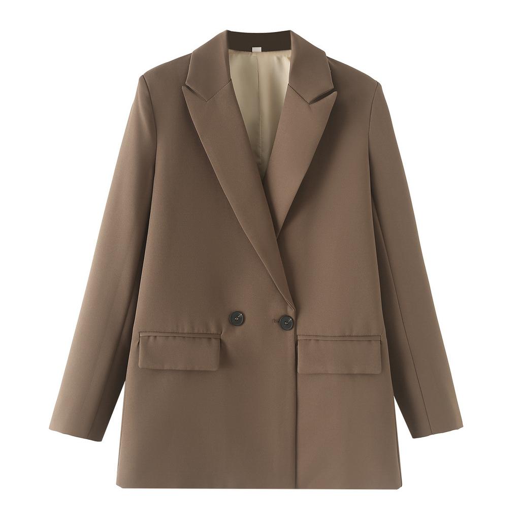 Women Fashion Pockets Solid Double Breasted Blazer Vintage Long Sleeves Notched Neck  Office Lady Outfits
