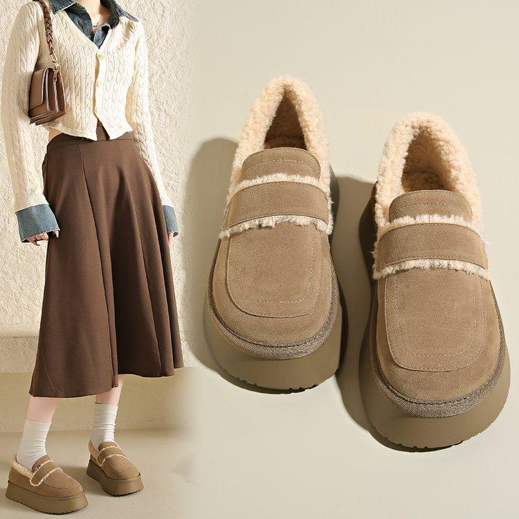 Модные весенне-осенне-зимние меховые туфли для женщин универсальные туфли на толстой подошве с одной ногой с пуговицами с подкладкой из хлопка с подкладкой 35 хаки 3248₽