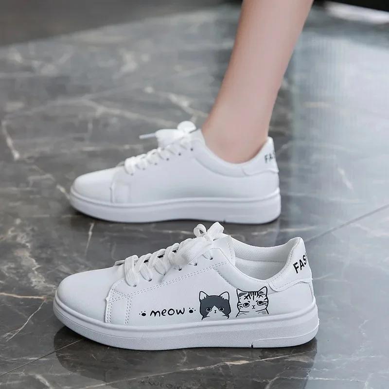 Cat Pattern Breathable Women's Casual Shoes Spring Summer New Style Korean Flat Platform Sneakers Student Sports Shoes