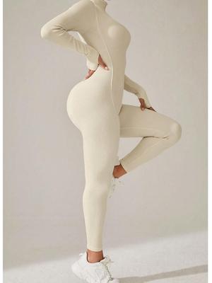 Cross-border Yoga Wear Long Sleeve Bodysuit with Back Zipper – Slim Fit, High Stretch, Solid Color Fitness Apparel