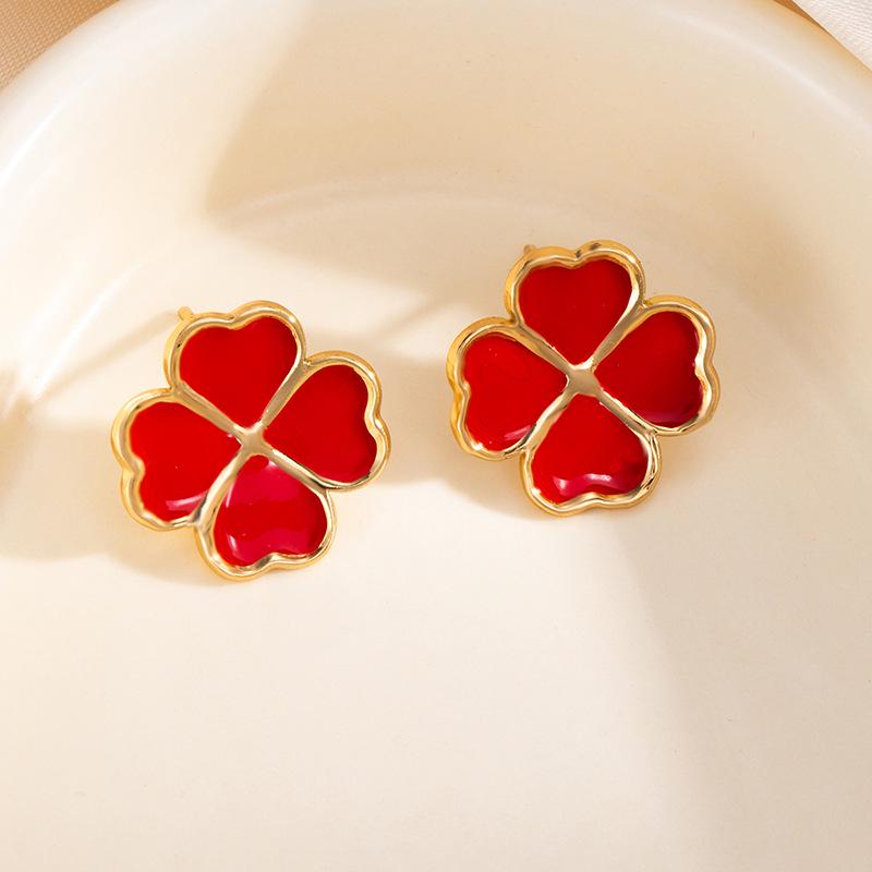 Four-Leaf Clover Stainless Steel Stud Earrings for Women - Colored Titanium Simple Ear Jewelry