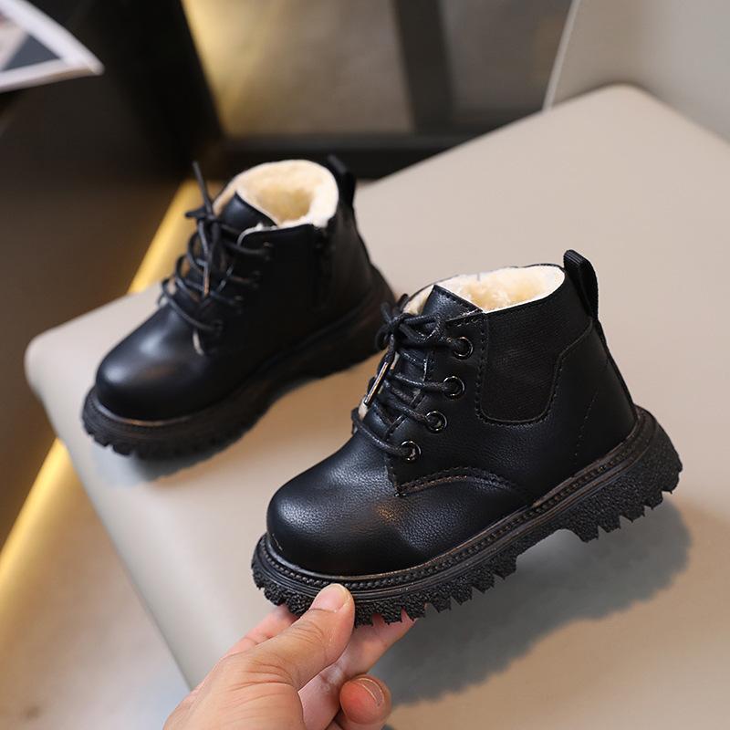 Fashion retro autumn and winter new children's velvet British short boots boys side zipper leather boots girls snow boots