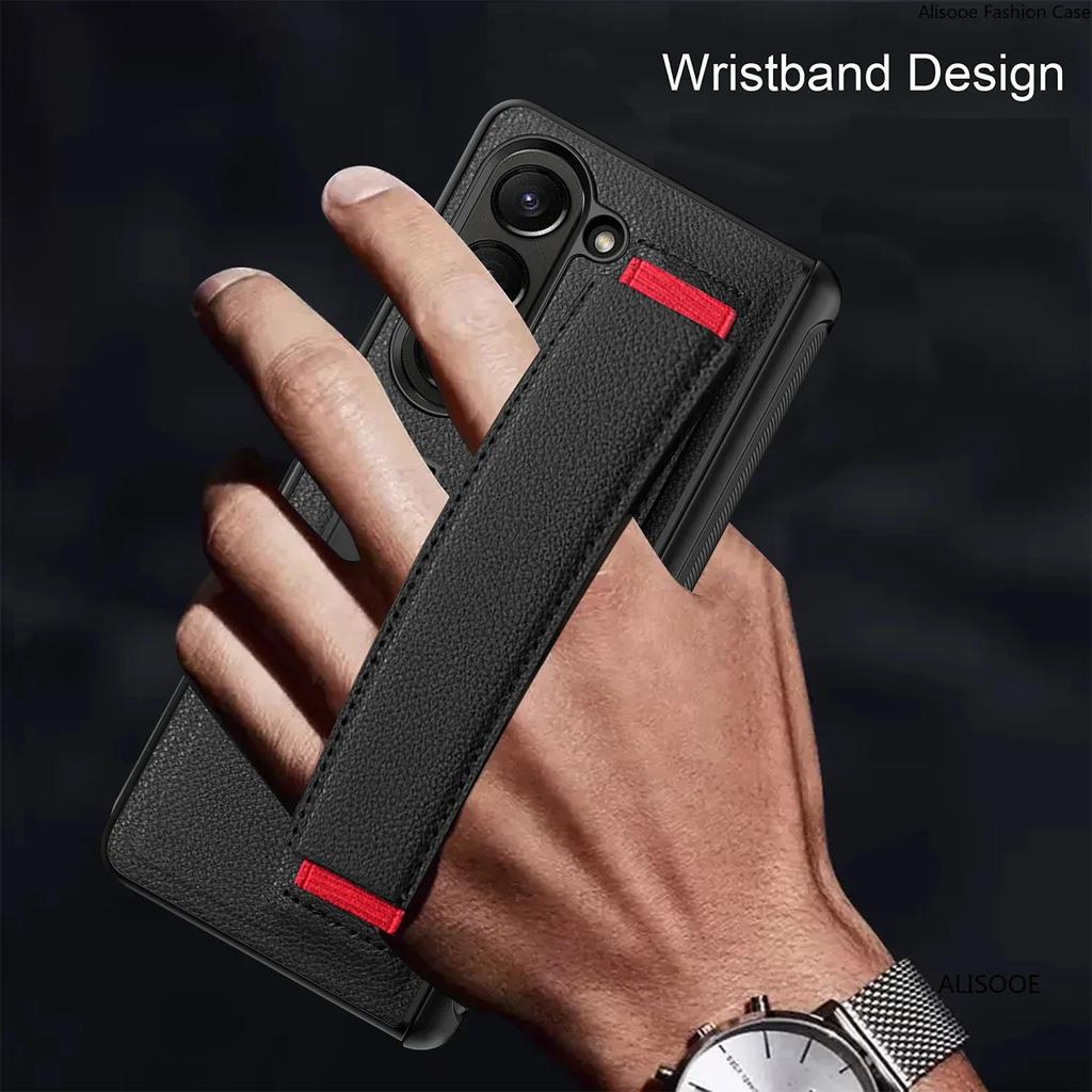 Z Fold 7 6 5 4 Hinge Case for Samsung Galaxy Z Fold 7 6 5 4 Case Wristband Front Glass Wrist Strap Stand Protect Cover Funda