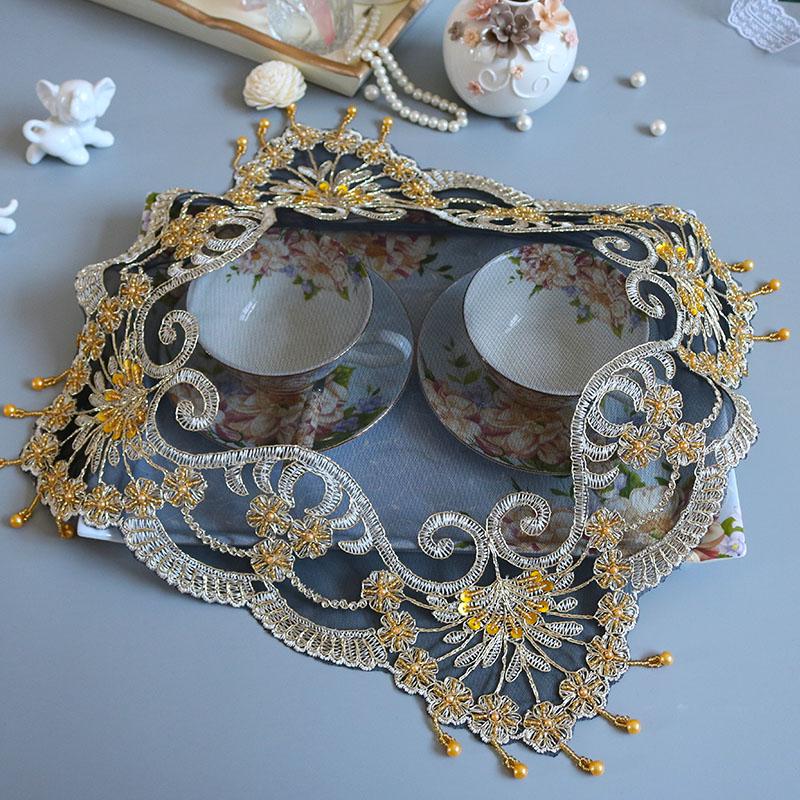 European Square Lace Sequins Embroidered Bead Pendant Premium Placemat Coaster Food Snack Bedroom Balcony Coffee Party Dining Table Pad