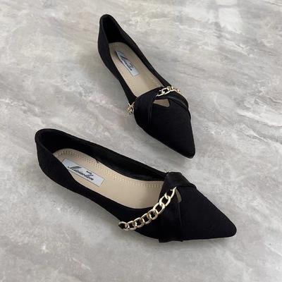 Chaussures pointues simples pour femmes à semelles souples nouvelles chaussures d'été polyvalentes petit vent parfumé bouche légère noir quatre saisons chaussures plates pour femmes