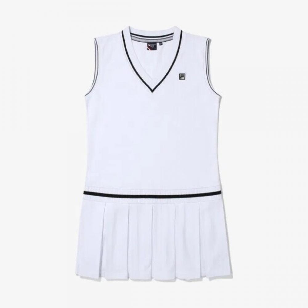 Fila Cotton Blend Pique V Neck Dress Fs2opg2361fwhi 95(M)