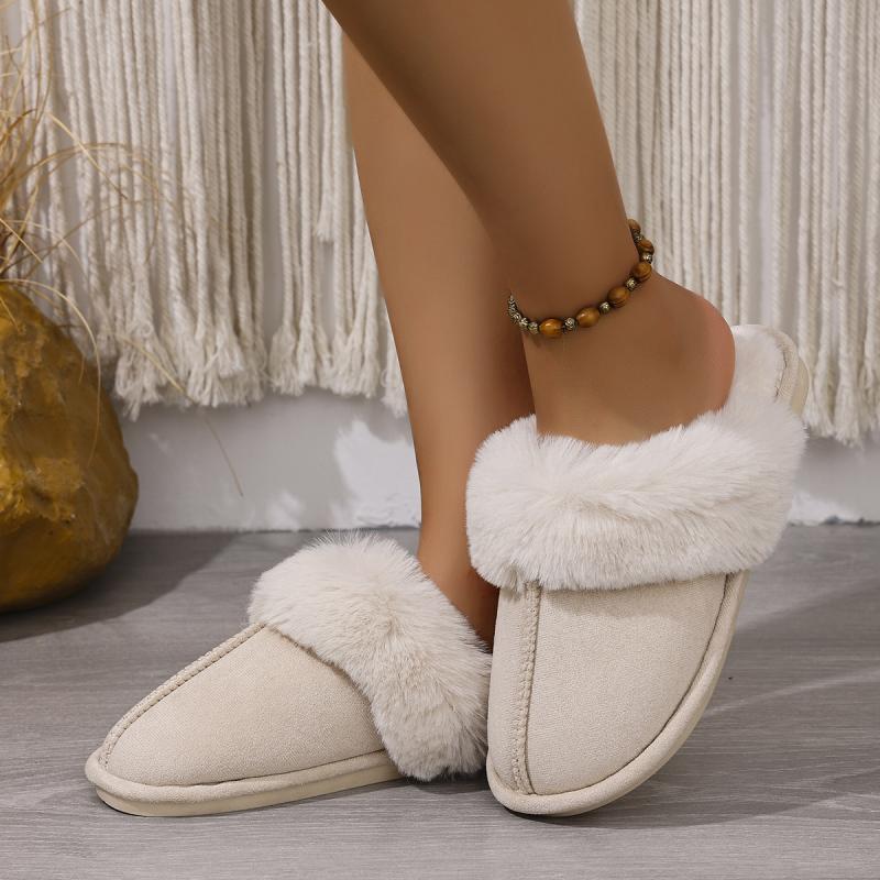 Fashion Casual Faux Fur Suede Indoor Slippers Women 2025 Winter Soft Sole Flat Heel Slides Warm Short Plush Winter Non Slip Shoes