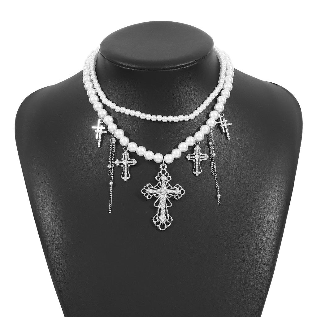 Tooxika Temperament Niche Design Double Layer Imitation Pearl Necklace Personalised Trefoil Cross Multi-layer Necklace