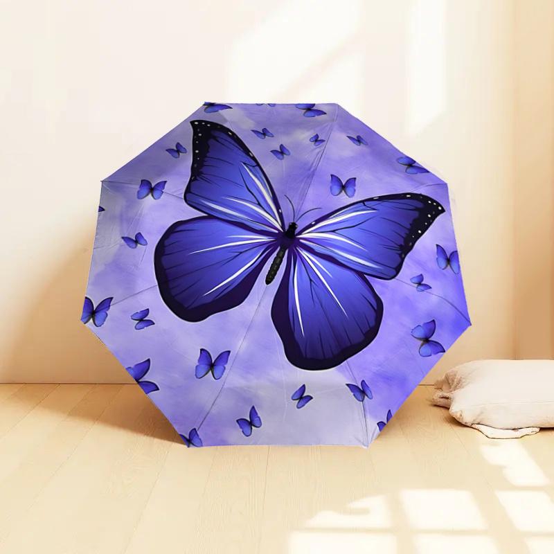 Purple Butterfly Auto Open Close Umbrella - Portable Tri-Fold Design with 8-Bone Iron Frame - - Ideal Gift for Fans, Travelers, Daily Use -