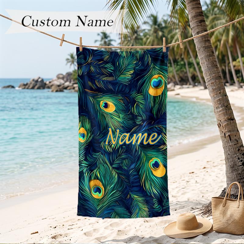 Retro Peacock Custom Name Printed Beach Towel Personalized Soft Towel For Swimming Beach Travel