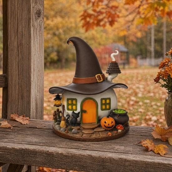 Halloween Witch House Ornament, Decorative Desktop Halloween Ornaments with Black Cats Pumpkin Lanterns Magic Brooms for Party Table Decorations and