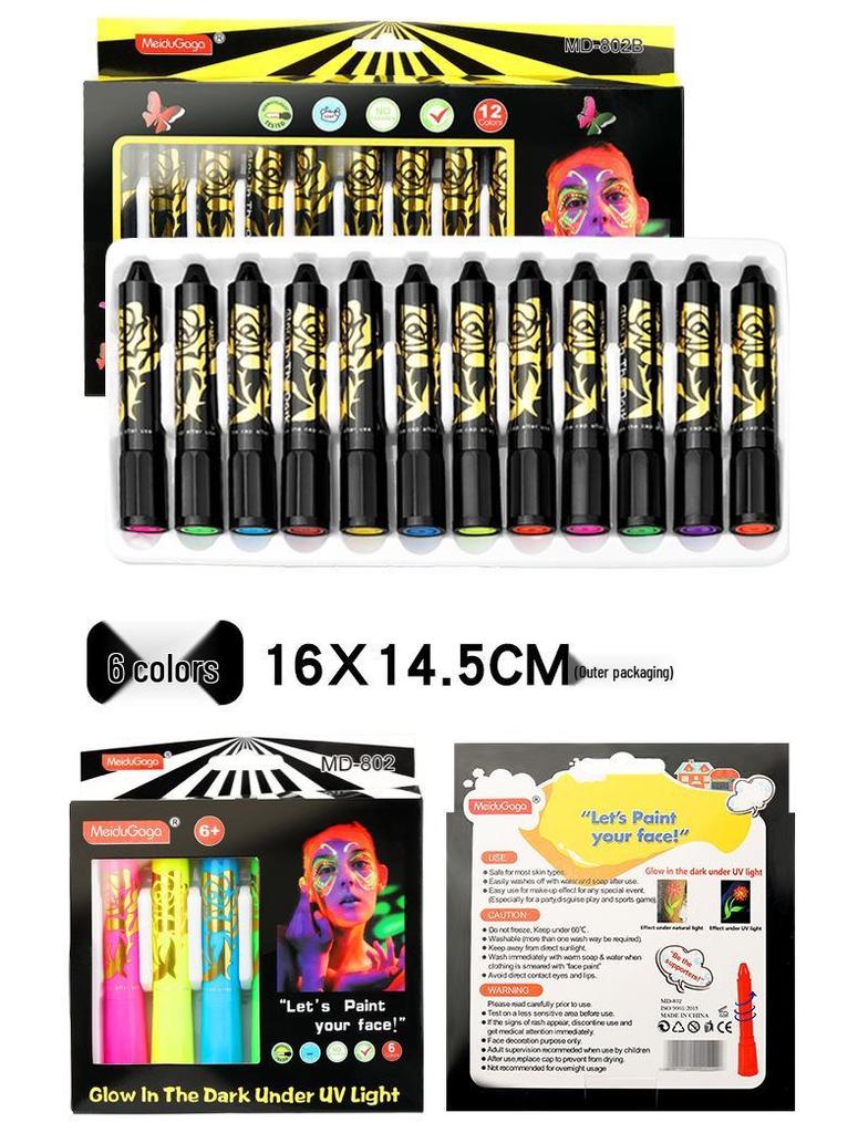 12-Color Glow Face & Body Painting Crayons - Twist-Up, No-Mess for Halloween & Stage Makeup