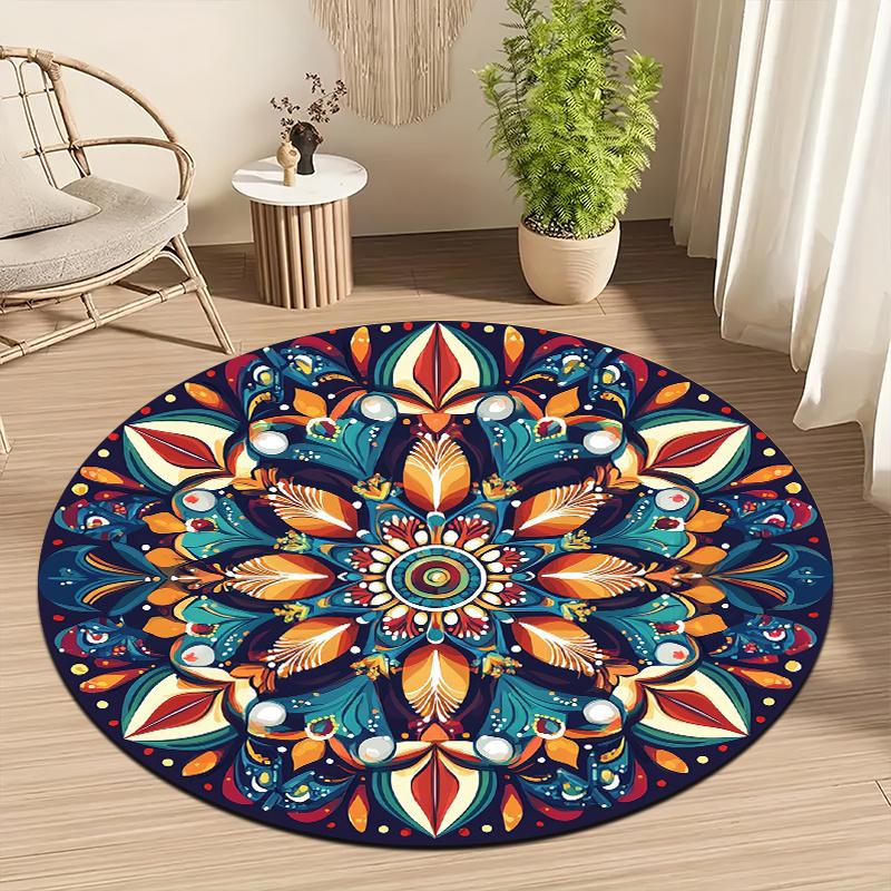 Colorful Mandala Art Style Flannel-printed Round Floor Mats Are Slip-resistant Suitable for Room Bedroom Terrace Garden Carpets